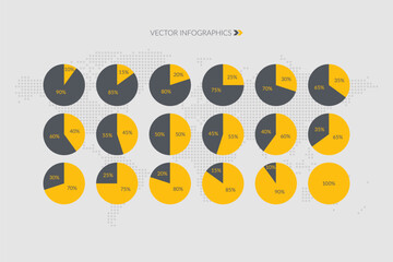 Wall Mural - 10 15 20 25 30 35 40 45 50 55 60 65 70 75 80 85 90 percent pie chart set. Circle diagrams. Dotted world map. Vector percentage set for download, infographic, progress, business, finance, report