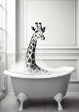 Giraffe In Bath, Black And White Giraffe Bathing In The Bathtub, Funny Animal, Bathroom Interior Safari Poster, Generative Ai