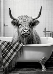highland cattle cow in bath, black and white cattle bathing in the bathtub, funny animal, bathroom i