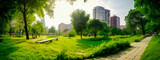 Fototapeta Londyn - banner wide image of green spaces in urban city. Generative AI,