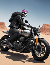 Punk Skull Devil Riding Bike At Teh Desert