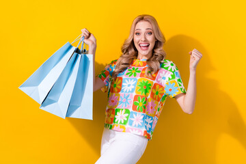 Wall Mural - Photo of cheerful cute lady hold shopping packages cheap clothes coupon winner wear shirt isolated yellow color background