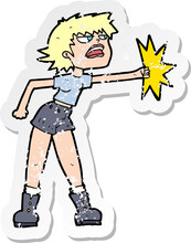 Retro Distressed Sticker Of A Cartoon Woman Punching