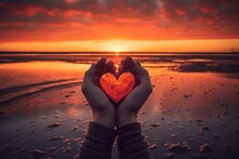Sunset In Heart Hands. Generative AI