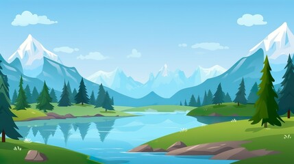 Wall Mural - Abstract background mountains with river. Illustration brings to life the tranquil beauty of mountains intertwined with a river, complemented by thoughtfully designed banner. Generative AI.