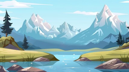 Wall Mural - Abstract background mountains with river. The illustration captures the awe-inspiring presence of mountains adorned by a flowing river, by an artfully crafted banner design. Generative AI.