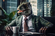 © Poter - dinosaur in a suit office worker at the table. generative ai