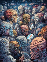 Poster - human brains connected to a mobile phones, Generative AI