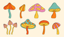 Set Of Hippie Magic Mushrooms. Psychedelic Colorful Abstract Mushroom In Retro 70s Style. Vector Illustration