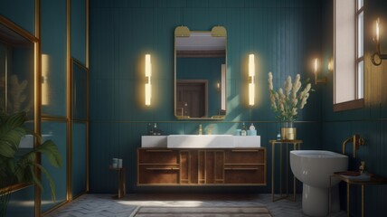 Wall Mural - Modern luxury bathroom in Art Deco style, emerald green walls, gold-framed mirrors, gold-plated accessories and faucets. Generative AI