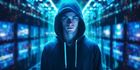 Young hacker in hood. Beautiful illustration picture. Generative AI