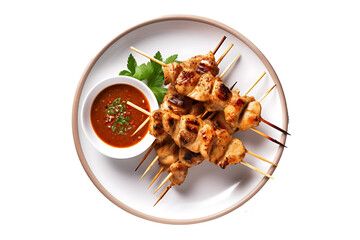 thai chicken skewers with sauce isolated on white background. genarative ai