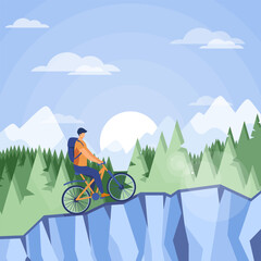 Wall Mural - Young cyclist riding uphill vector illustration. Sportsman on bicycle traveling, observing forest and mountains in background. Cycling, nature, adventure tourism, travel concept