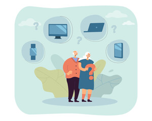 Sticker - Elderly couple curious about mobile devices vector illustration. Drawing of old man and woman with question mark, monitor, phone, smart watch, laptop in bubbles. Senior life, technology concept