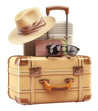 Suitcase With Sun Glasses, Hat And Camera, Travel Vacation Concept