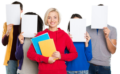 Sticker - Young students with notebooks isolated on white background