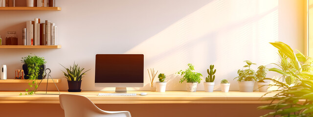 home office for remote work online on the Internet, a chair with a chair and a computer in a sunny room with flowers, banner with copy space, made with Generative AI