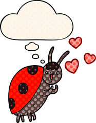 cute cartoon ladybug in love with thought bubble in comic book style