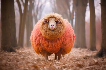 A sheep with a huge pile of reddish wool on its body, in the forest, generative ai