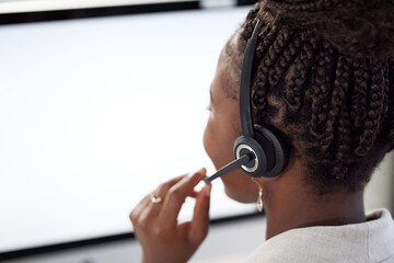 Receptionist, computer screen and mockup with black woman in office for consulting, customer service and help desk. Communication, contact us and website with back of employee for kpi and networking