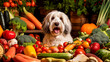 Healthy food concept for dogs, dog sitting under vegetables. Generative AI,