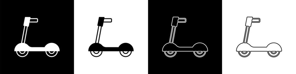 Canvas Print - Set Roller scooter for children icon isolated on black and white background. Kick scooter or balance bike. Vector