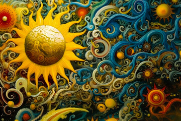 colorful sun landscape, in an intricate spiral sculpture style, abstract, generative ai