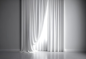 Wall Mural - Mock up. White empty wall in room with silk curtain drapes. Template for product presentation. Living, gallery, studio, office concept	