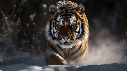 A Bengal Tiger, frozen in mid-gait, its impressive musculature evident beneath its radiant coat