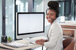 © Vamumusa C/peopleimages.com - Call center, computer screen and mockup with portrait of black woman in office for consulting, customer service or help desk. Communication, contact us and advice with employee for kpi and networking