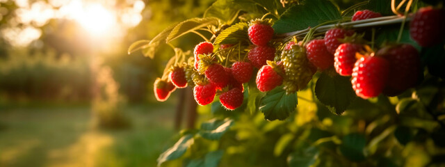 Wall Mural - raspberry grows on a tree in the harvest garden. Generative Ai,