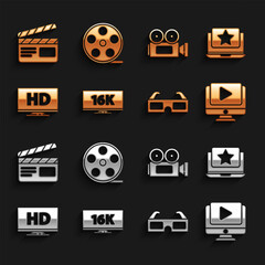 Set Screen tv with 16k, Laptop star, Online play video, 3D cinema glasses, Smart display HD, Cinema camera, Movie clapper and Film reel icon. Vector