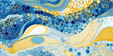 Blue, White A Nd Yellow Gold Abstract Patter With Wavy Lines And Dots. Pastel Colors.  

