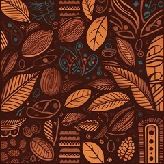 Generative AI of a seamless pattern with cocoa leaves and beans