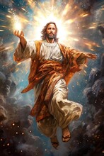 Illustration Of Jesus In The Clouds Of Heaven With Power And Great Glory Generative AI Illustration