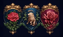 Golden Royal Coat Of Arms With A Lion And Red Roses Symbol Of Luxury And Power Generative AI Illustration
