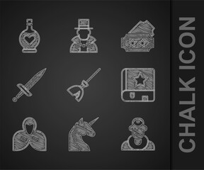 Sticker - Set Witches broom, Unicorn, Wizard warlock, Ancient magic book, Mantle, cloak, cape, Dagger, Ticket and Bottle with love potion icon. Vector