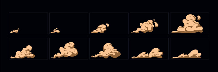 Wall Mural - Smoke explosion animation effect. 2d cartoon smoke animated sprite sheet frames. Flash motion boom Exploding effect storyboard vector illustration set.