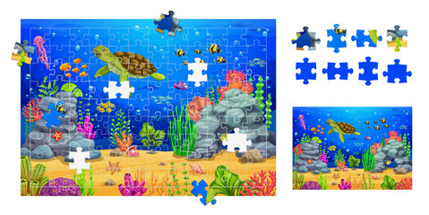 Poster - Jigsaw puzzle, underwater landscape pieces of cartoon sea animals and fish, vector seaweeds and corals. Kids jigsaw puzzle to match piece of undersea world fishes, turtle and starfish with jellyfish