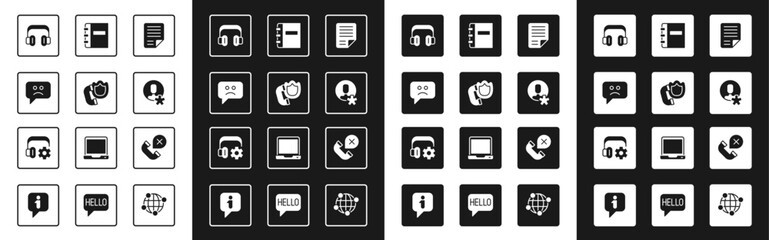  Set File document, Telephone handset with shield, Sad smile, Headphones, Elected employee, Notebook, Declined or missed call and Headphoneswith settings icon. Vector