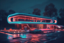 Generative AI Illustration Design Of Futuristic Modern Glass House In Pink Neon Light Design In Blue Neon Light With Car Parked Outdoors At Night