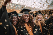 © ADDICTIVE STOCK - Generative AI illustration of cheerful multiracial friends in graduation gown and cap looking at camera while celebrating in convocation party with