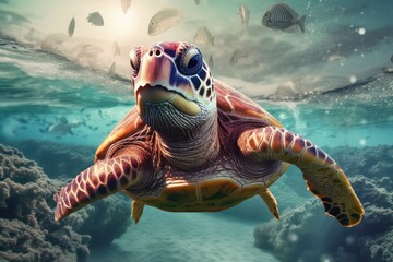 Wall Mural - white sea turtle going to eat a surgical mask. Generative AI