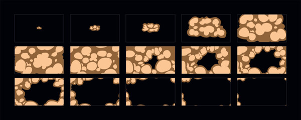 Wall Mural - Smoke explosion animation. 2d cartoon dust animated sprite sheet frames. Flash motion boom Exploding effect storyboard vector illustration set.