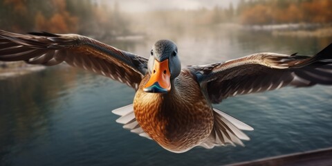 wild duck flying in the lake,generated with ai.