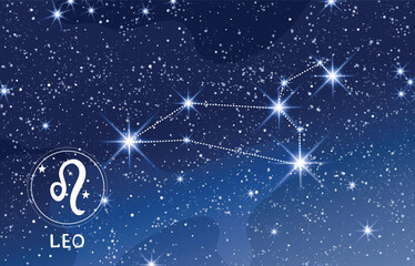Wall Mural - leo constellation in the blue night sky, zodiac sign, modern astrology banner for horoscope, astrono