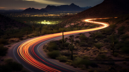 Wall Mural - bright light streaks on a winding road through a desert landscape. generative ai