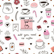 Coffee seamless pattern. Cute coffee pattern. Background with coffee cups and sweet desserts