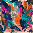 Silk scarf design. Creative contemporary collage with leopard and tropical plants. Fashionable template for design, Generative AI