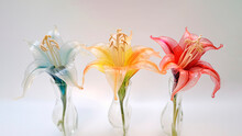 3 Lilies In Glass Vase On A White Background. Generative Ai